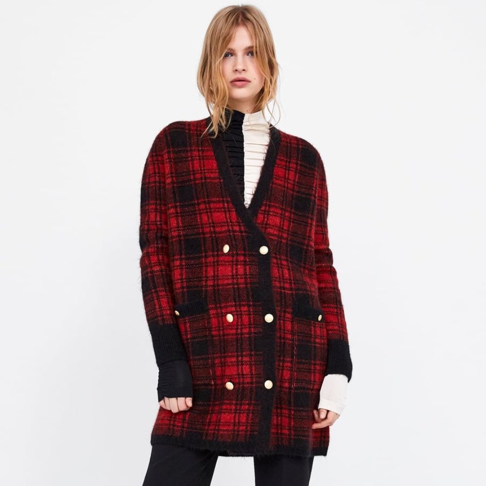 Zara Plaid Double Breasted Sweater Coat - Picture 3 of 8